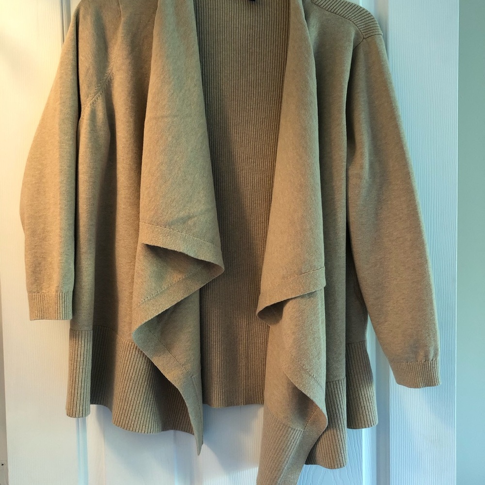 Lands End cardigan in wheat with cascading front.